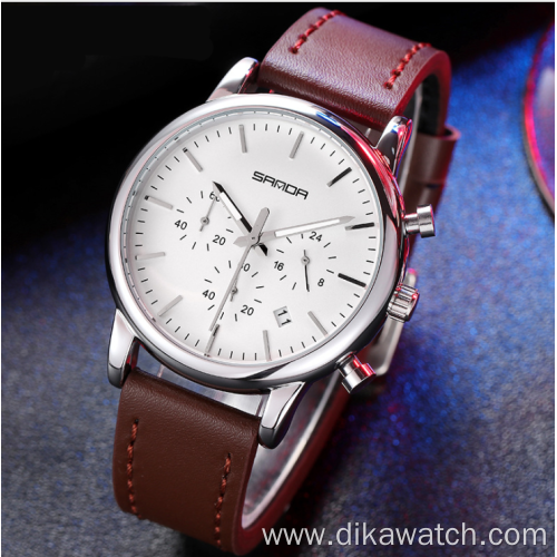 SANDA 1034 Business Mens Luxury Watch Waterproof Three-eye Six-pin Casual Men Quartz Leather Watch